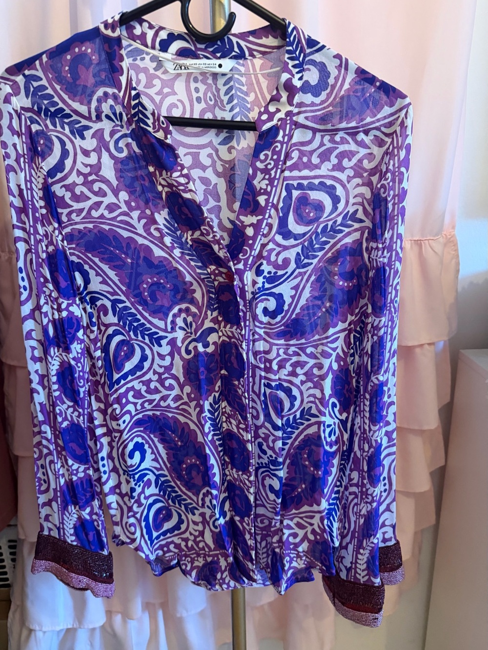 Zara Purple and White Paisley Sheer Button-Down Shirt